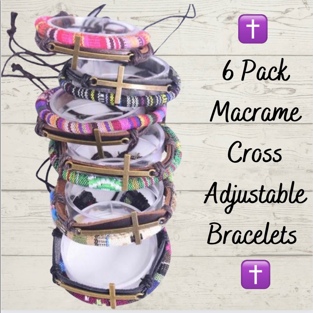 27218 Six Pack Leather Sideways Cross Macrame Wrap Mix Bracelets Wholesale